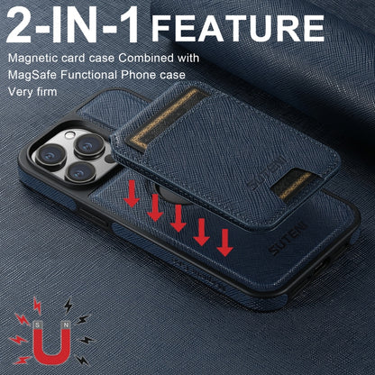 For iPhone 15 Suteni M2 Cross-Grain MagSafe Vertical Card Back Phone Case(Blue) - iPhone 15 Cases by Suteni | Online Shopping UK | buy2fix