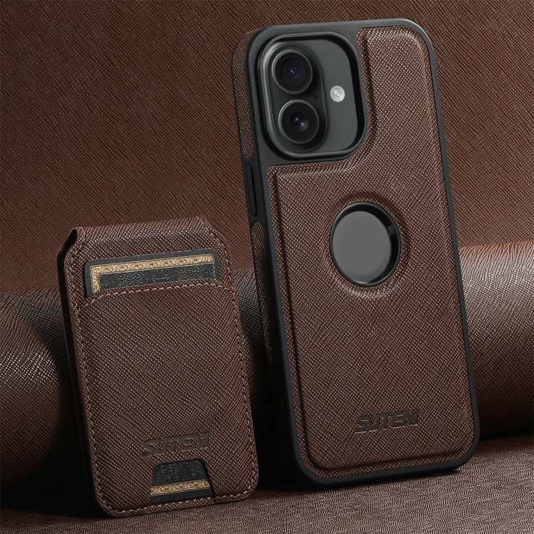 For iPhone 16 Suteni M2 Cross-Grain MagSafe Vertical Card Back Phone Case(Brown) - iPhone 16 Cases by Suteni | Online Shopping UK | buy2fix