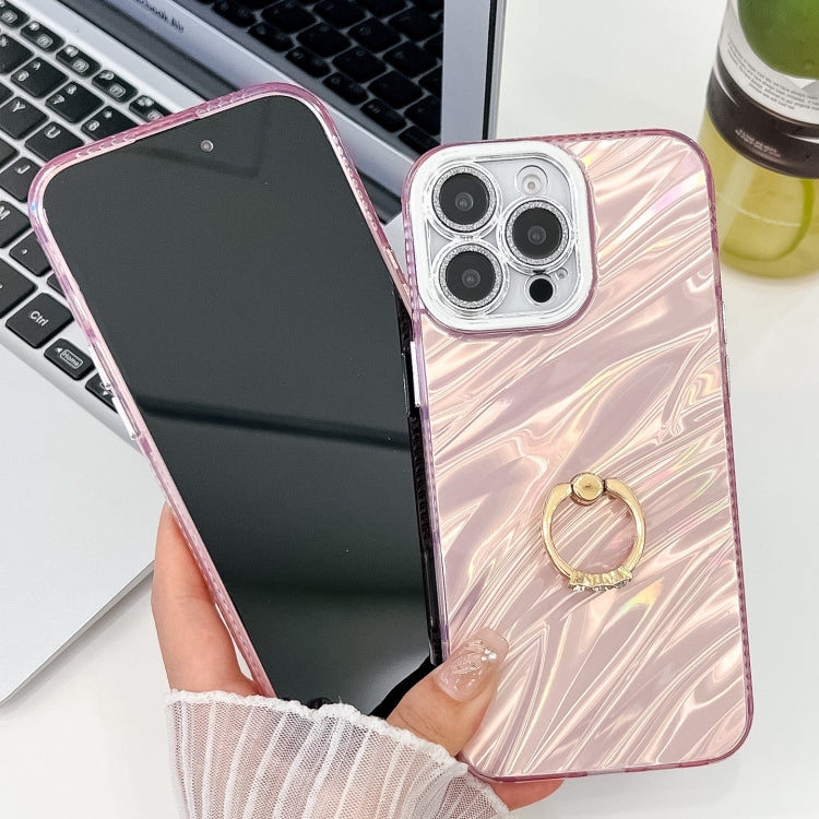 For iPhone 16 Plus Plating Glitter Texture Ring Holder TPU Phone Case with Lens Film(Pink Feather Yarn) - iPhone 16 Plus Cases by buy2fix | Online Shopping UK | buy2fix