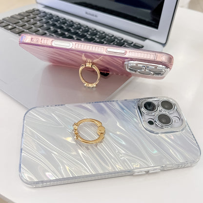 For iPhone 16 Plus Plating Glitter Texture Ring Holder TPU Phone Case with Lens Film(Purple Shell Pattern) - iPhone 16 Plus Cases by buy2fix | Online Shopping UK | buy2fix