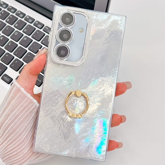 For Samsung Galaxy S25 5G Plating Glitter Texture Ring Holder TPU Phone Case with Lens Film(White Tinfoil Texture) - Galaxy S25 5G Cases by buy2fix | Online Shopping UK | buy2fix