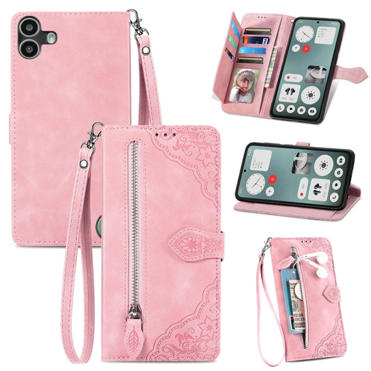 For Nothing CMF Phone 1 Embossed Flower Zipper Leather Phone Case(Pink) - More Brand by buy2fix | Online Shopping UK | buy2fix