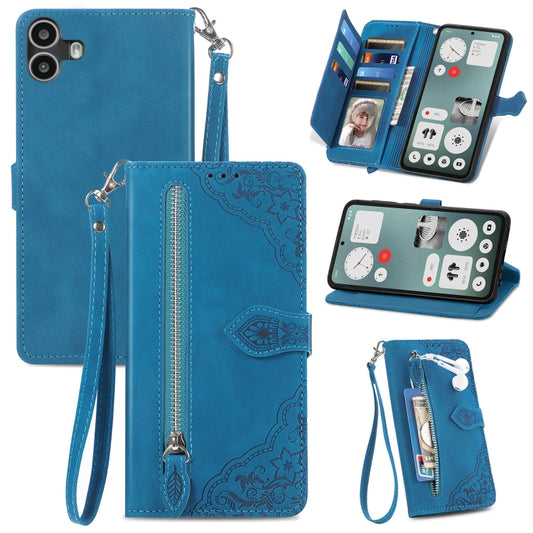 For Nothing CMF Phone 1 Embossed Flower Zipper Leather Phone Case(Blue) - More Brand by buy2fix | Online Shopping UK | buy2fix