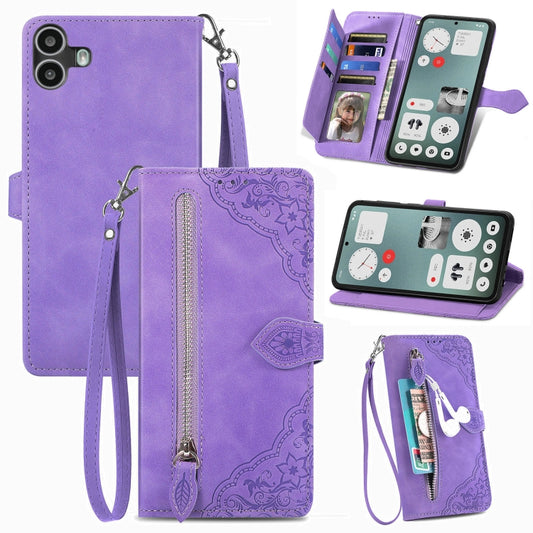 For Nothing CMF Phone 1 Embossed Flower Zipper Leather Phone Case(Purple) - More Brand by buy2fix | Online Shopping UK | buy2fix