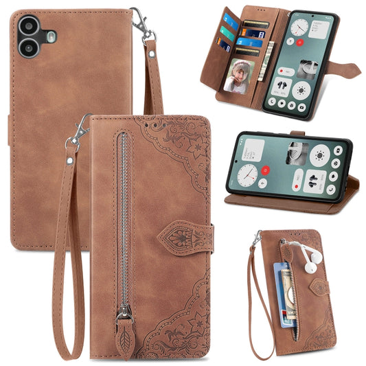 For Nothing CMF Phone 1 Embossed Flower Zipper Leather Phone Case(Brown) - More Brand by buy2fix | Online Shopping UK | buy2fix