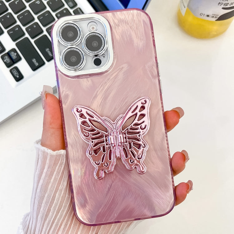 For iPhone 16 Pro Max Plating Glitter Texture Butterfly Holder TPU Phone Case with Lens Film(Pink Feather Yarn) - iPhone 16 Pro Max Cases by buy2fix | Online Shopping UK | buy2fix