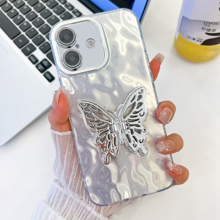 For iPhone 16 Plating Glitter Texture Butterfly Holder TPU Phone Case with Lens Film(White Wrinkles) - iPhone 16 Cases by buy2fix | Online Shopping UK | buy2fix