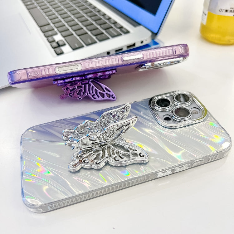 For iPhone 16 Plus Plating Glitter Texture Butterfly Holder TPU Phone Case with Lens Film(Pink Shell Pattern) - iPhone 16 Plus Cases by buy2fix | Online Shopping UK | buy2fix