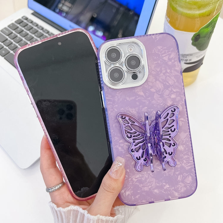 For iPhone 16 Plating Glitter Texture Butterfly Holder TPU Phone Case with Lens Film(Pink Tinfoil Texture) - iPhone 16 Cases by buy2fix | Online Shopping UK | buy2fix