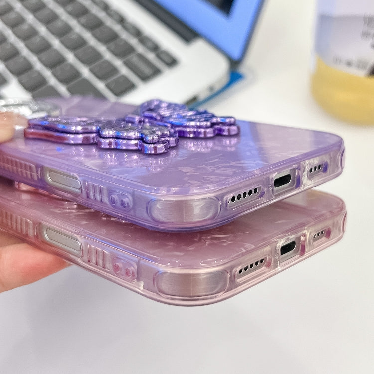 For iPhone 16 Plating Glitter Texture Butterfly Holder TPU Phone Case with Lens Film(Purple Feathers) - iPhone 16 Cases by buy2fix | Online Shopping UK | buy2fix