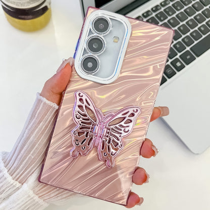 For Samsung Galaxy S25 5G Plating Glitter Texture Butterfly Holder TPU Phone Case with Lens Film(Pink Water Ripples) - Galaxy S25 5G Cases by buy2fix | Online Shopping UK | buy2fix