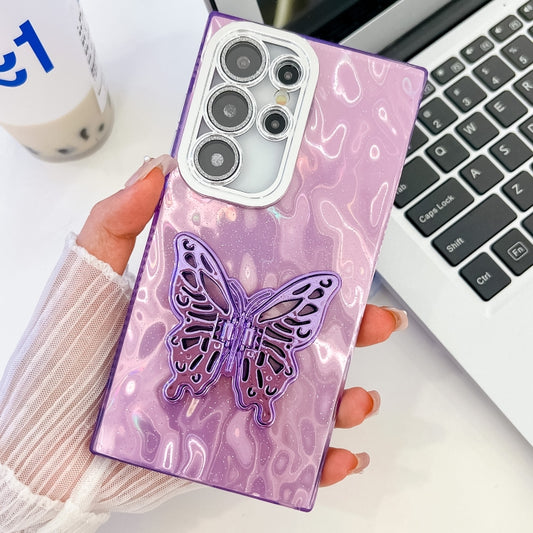 For Samsung Galaxy S25 Ultra 5G Plating Glitter Texture Butterfly Holder TPU Phone Case with Lens Film(Purple Wrinkles) - Galaxy S25 Ultra 5G Cases by buy2fix | Online Shopping UK | buy2fix