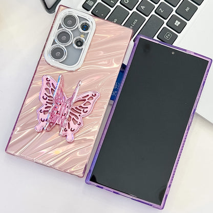 For Samsung Galaxy S25 5G Plating Glitter Texture Butterfly Holder TPU Phone Case with Lens Film(Purple Water Ripples) - Galaxy S25 5G Cases by buy2fix | Online Shopping UK | buy2fix