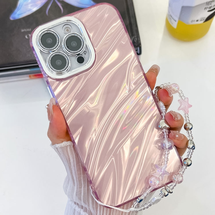 For iPhone 16 Plus Plating Glitter Texture Chain Wristband TPU Phone Case with Lens Film(Pink Water Ripples) - iPhone 16 Plus Cases by buy2fix | Online Shopping UK | buy2fix