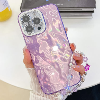 For iPhone 16 Plus Plating Glitter Texture Chain Wristband TPU Phone Case with Lens Film(Purple Wrinkles) - iPhone 16 Plus Cases by buy2fix | Online Shopping UK | buy2fix