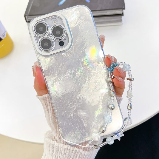 For iPhone 16 Plating Glitter Texture Chain Wristband TPU Phone Case with Lens Film(White Tinfoil Texture) - iPhone 16 Cases by buy2fix | Online Shopping UK | buy2fix