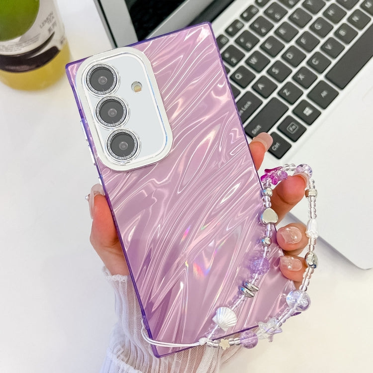 For Samsung Galaxy S25 5G Plating Glitter Texture Chain Wristband TPU Phone Case with Lens Film(Purple Water Ripples) - Galaxy S25 5G Cases by buy2fix | Online Shopping UK | buy2fix