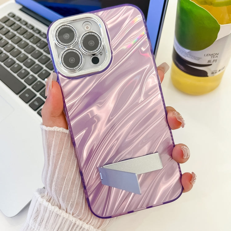 For iPhone 16 Pro Max Plating Glitter Texture Fold Holder TPU Phone Case with Lens Film(Purple Feather Yarn) - iPhone 16 Pro Max Cases by buy2fix | Online Shopping UK | buy2fix