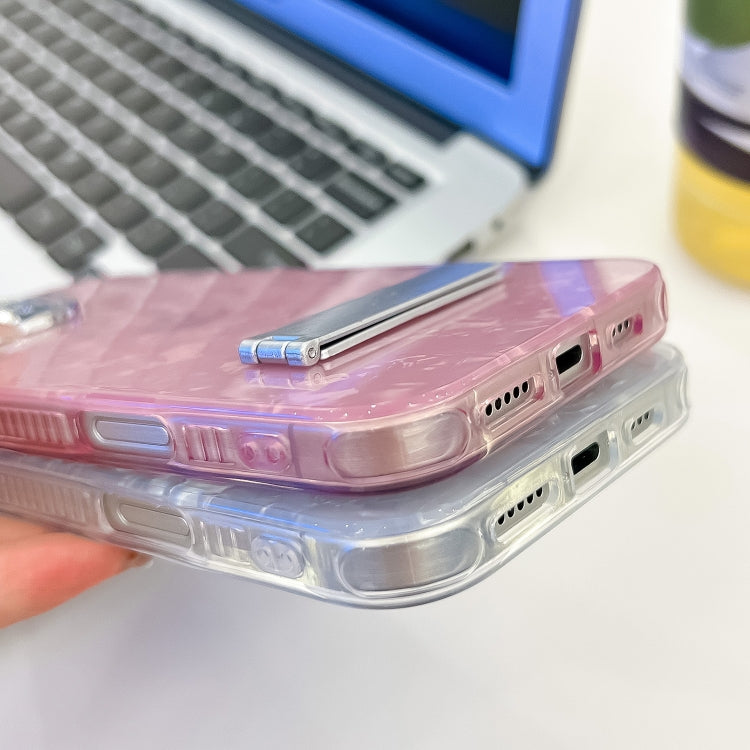 For iPhone 16 Pro Max Plating Glitter Texture Fold Holder TPU Phone Case with Lens Film(Pink Wrinkles) - iPhone 16 Pro Max Cases by buy2fix | Online Shopping UK | buy2fix