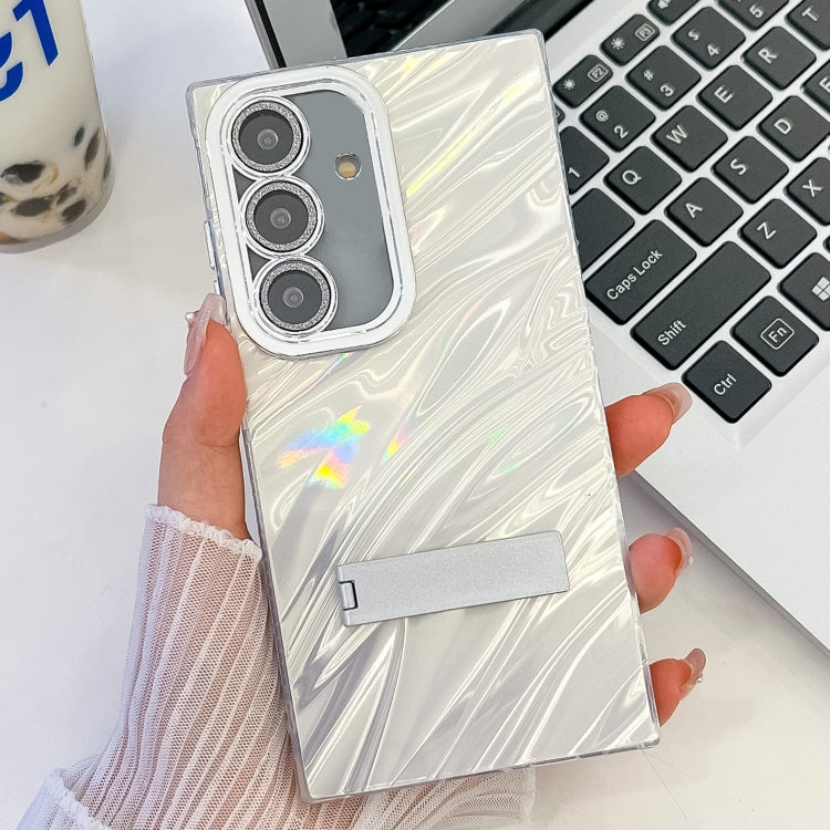 For Samsung Galaxy S25 5G Plating Glitter Texture Fold Holder TPU Phone Case with Lens Film(White Water Ripples) - Galaxy S25 5G Cases by buy2fix | Online Shopping UK | buy2fix