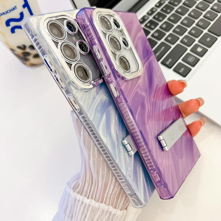 For Samsung Galaxy S25 5G Plating Glitter Texture Fold Holder TPU Phone Case with Lens Film(Purple Feather Yarn) - Galaxy S25 5G Cases by buy2fix | Online Shopping UK | buy2fix