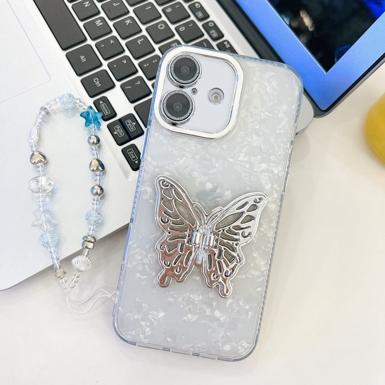 For iPhone 16 Plus Plating Glitter Lens Film Texture Butterfly Holder Wristband Phone Case(White Shell Pattern) - iPhone 16 Plus Cases by buy2fix | Online Shopping UK | buy2fix