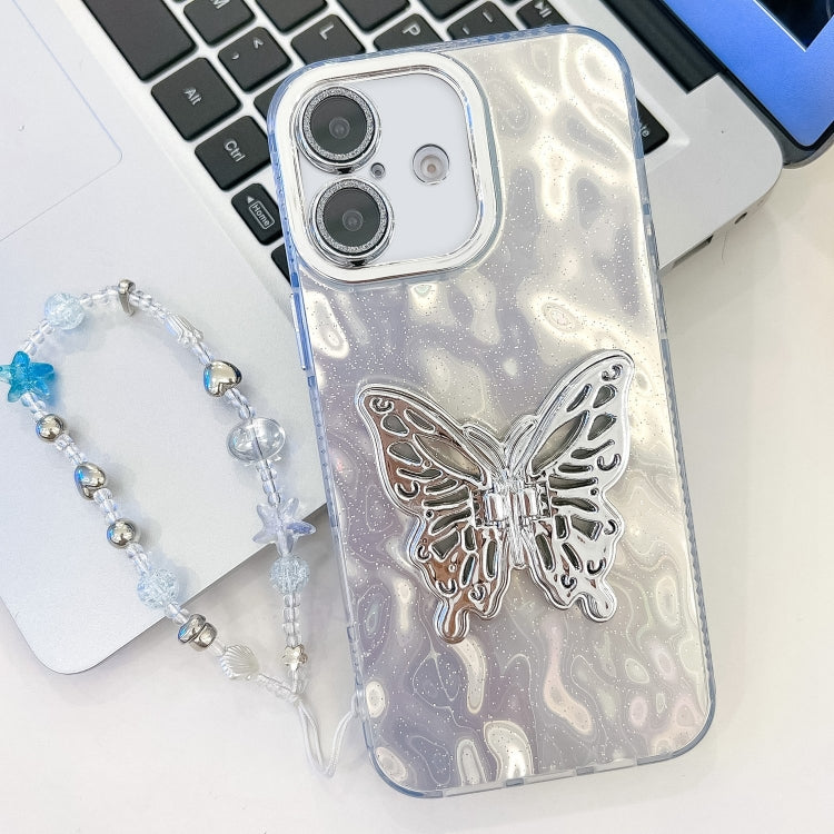 For iPhone 16 Plating Glitter Lens Film Texture Butterfly Holder Wristband Phone Case(White Wrinkles) - iPhone 16 Cases by buy2fix | Online Shopping UK | buy2fix