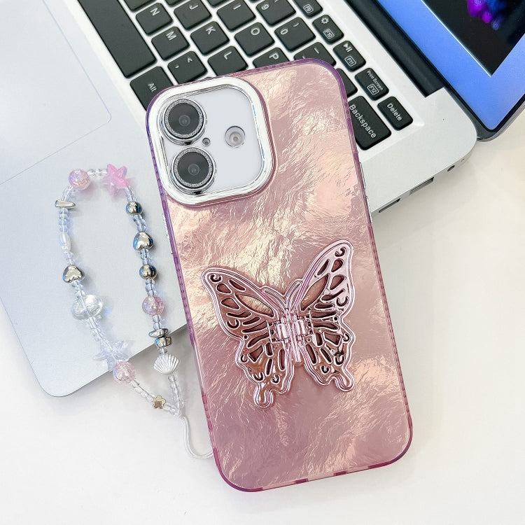 For iPhone 16 Plating Glitter Lens Film Texture Butterfly Holder Wristband Phone Case(Pink Tinfoil Texture) - iPhone 16 Cases by buy2fix | Online Shopping UK | buy2fix