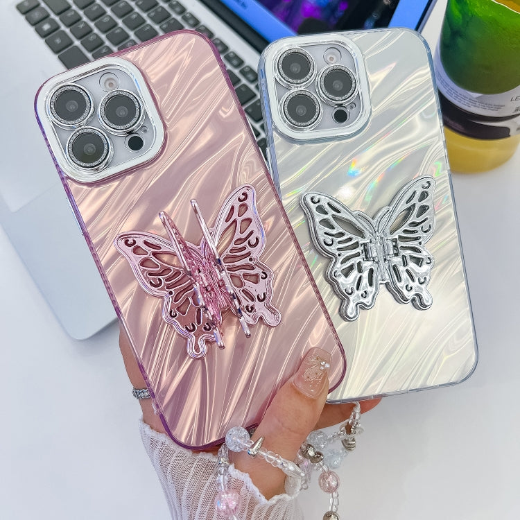 For iPhone 16 Plus Plating Glitter Lens Film Texture Butterfly Holder Wristband Phone Case(White Water Ripples) - iPhone 16 Plus Cases by buy2fix | Online Shopping UK | buy2fix