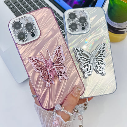 For iPhone 16 Plus Plating Glitter Lens Film Texture Butterfly Holder Wristband Phone Case(White Shell Pattern) - iPhone 16 Plus Cases by buy2fix | Online Shopping UK | buy2fix