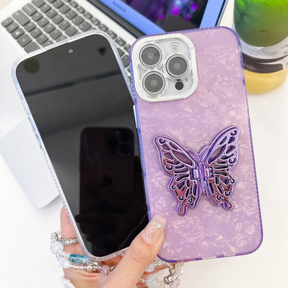 For iPhone 16 Plus Plating Glitter Lens Film Texture Butterfly Holder Wristband Phone Case(White Shell Pattern) - iPhone 16 Plus Cases by buy2fix | Online Shopping UK | buy2fix