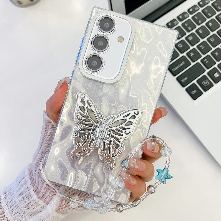 For Samsung Galaxy S25 5G Plating Glitter Lens Film Texture Butterfly Holder Wristband Phone Case(White Wrinkles) - Galaxy S25 5G Cases by buy2fix | Online Shopping UK | buy2fix