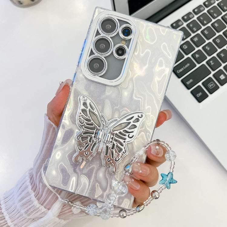 For Samsung Galaxy S25 Ultra 5G Plating Glitter Lens Film Texture Butterfly Holder Wristband Phone Case(White Wrinkles) - Galaxy S25 Ultra 5G Cases by buy2fix | Online Shopping UK | buy2fix