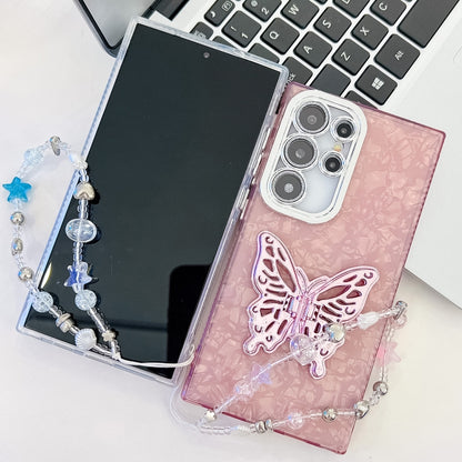 For Samsung Galaxy S25 5G Plating Glitter Lens Film Texture Butterfly Holder Wristband Phone Case(Pink Feather Yarn) - Galaxy S25 5G Cases by buy2fix | Online Shopping UK | buy2fix