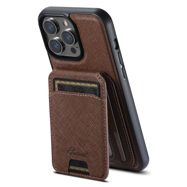 For iPhone 16 Pro Suteni H18 Cross Grain MagSafe Wallet Leather Phone Case(Brown) - iPhone 16 Pro Cases by Suteni | Online Shopping UK | buy2fix