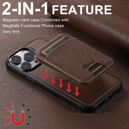 For iPhone 15 Suteni H18 Cross Grain MagSafe Wallet Leather Phone Case(Brown) - iPhone 15 Cases by Suteni | Online Shopping UK | buy2fix