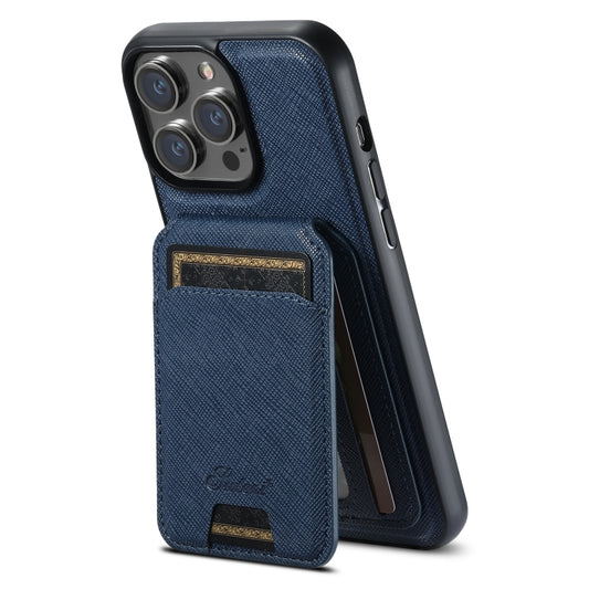 For iPhone 14 Pro Suteni H18 Cross Grain MagSafe Wallet Leather Phone Case(Blue) - iPhone 14 Pro Cases by Suteni | Online Shopping UK | buy2fix