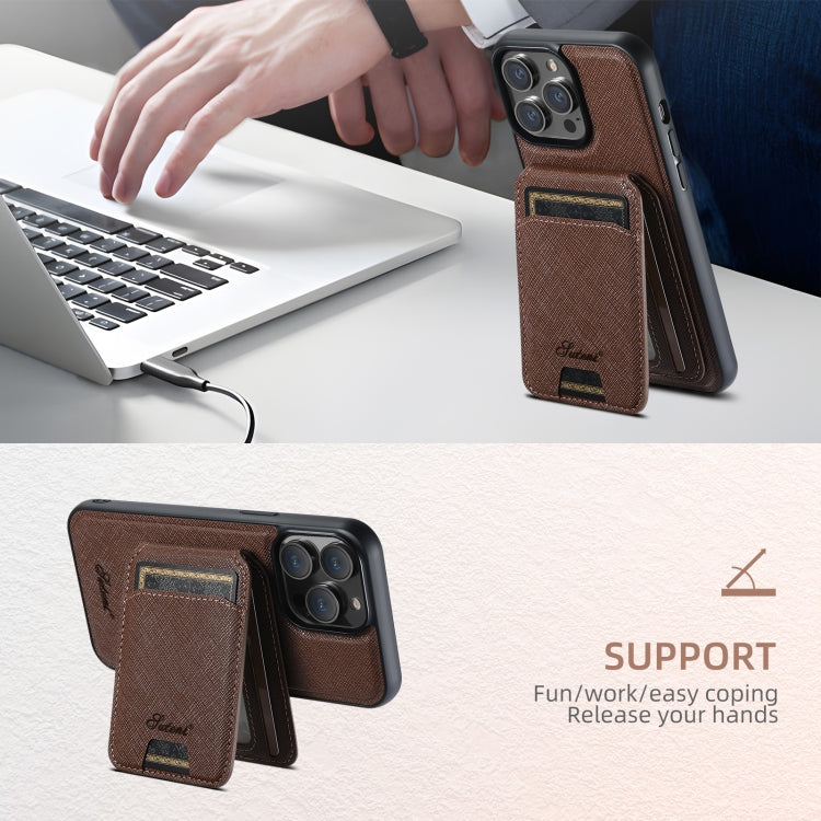 For iPhone 13 Pro Suteni H18 Cross Grain MagSafe Wallet Leather Phone Case(Brown) - iPhone 13 Pro Cases by Suteni | Online Shopping UK | buy2fix