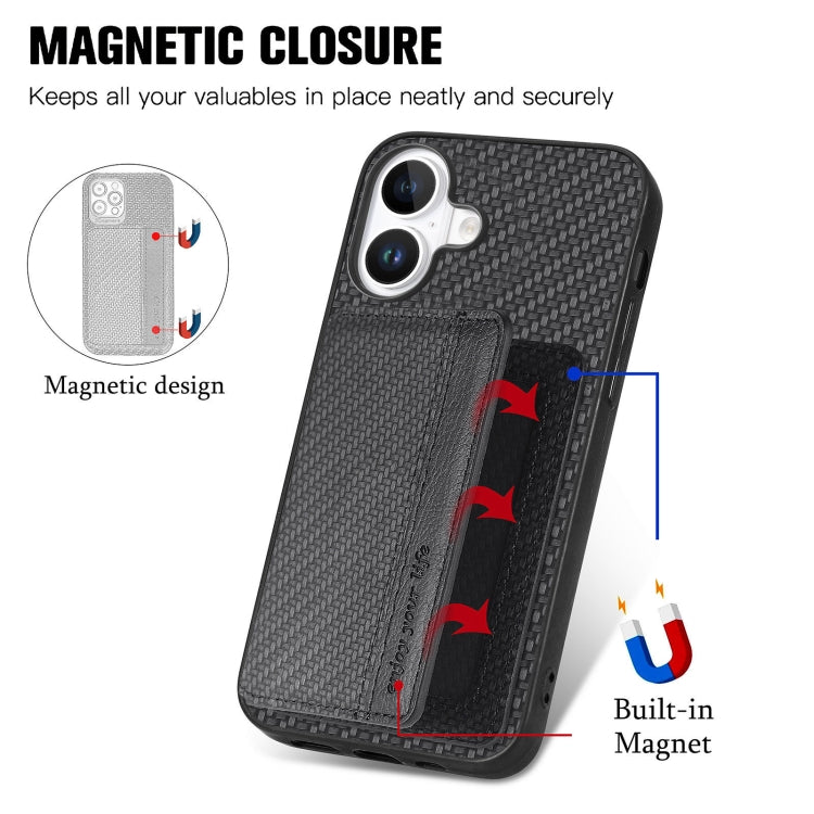 For iPhone 16 Carbon Fiber Magnetic Card Wallet RFID Blocking Phone Case(Black) - iPhone 16 Cases by buy2fix | Online Shopping UK | buy2fix