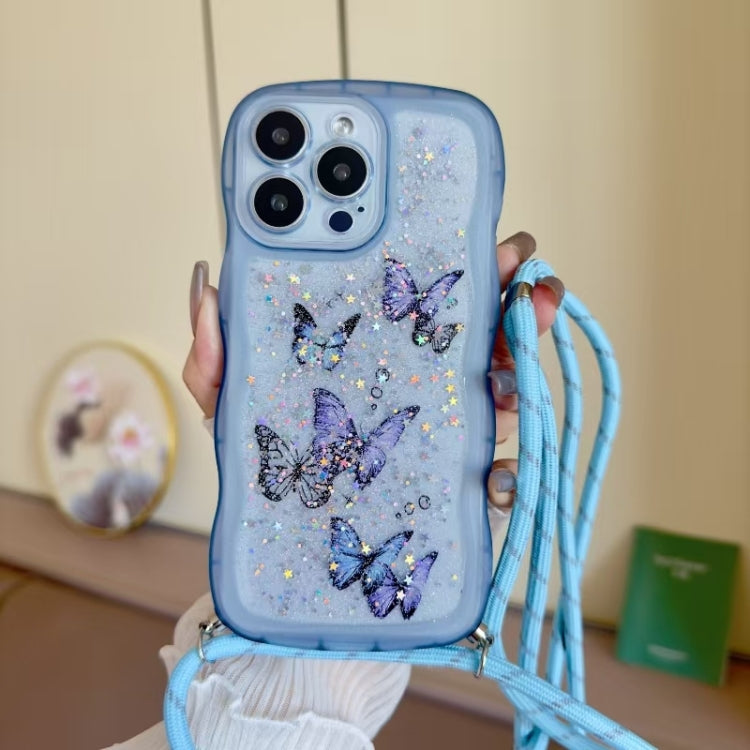 For iPhone 16 Pro Max Crossbody Wave Edge Butterfly TPU Phone Case(Blue) - iPhone 16 Pro Max Cases by buy2fix | Online Shopping UK | buy2fix