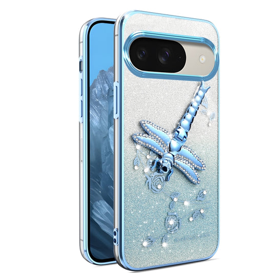 For Google Pixel 9 Gradient Glitter Immortal 3D Dragonfly Holder Plated Phone Case(Blue) - Google Cases by buy2fix | Online Shopping UK | buy2fix