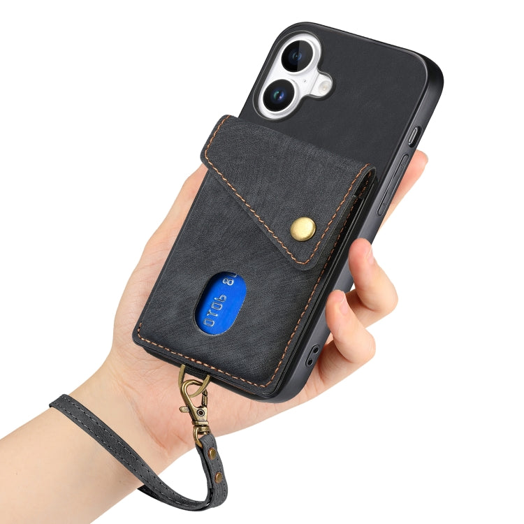 For iPhone 16 Retro Card Wallet Fold Leather Phone Case with Strap(Black) - iPhone 16 Cases by buy2fix | Online Shopping UK | buy2fix