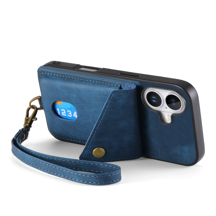 For iPhone 16 Retro Card Wallet Fold Leather Phone Case with Strap(Blue) - iPhone 16 Cases by buy2fix | Online Shopping UK | buy2fix