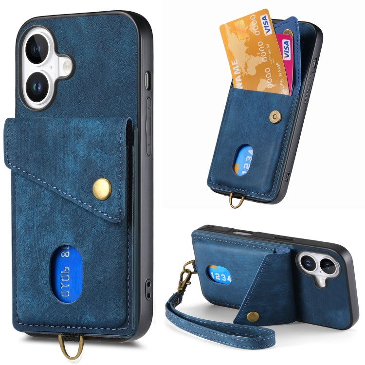 For iPhone 16 Plus Retro Card Wallet Fold Leather Phone Case with Strap(Blue) - iPhone 16 Plus Cases by buy2fix | Online Shopping UK | buy2fix