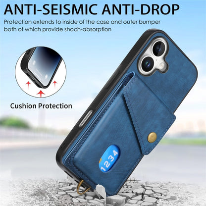 For iPhone 16 Plus Retro Card Wallet Fold Leather Phone Case with Strap(Blue) - iPhone 16 Plus Cases by buy2fix | Online Shopping UK | buy2fix