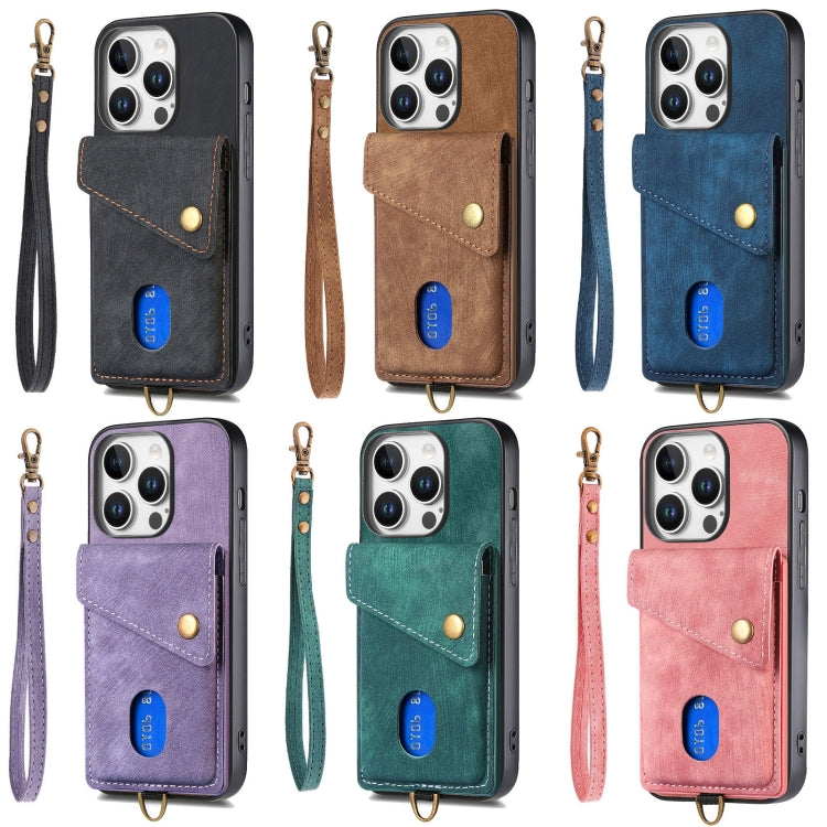 For iPhone 16 Retro Card Wallet Fold Leather Phone Case with Strap(Green) - iPhone 16 Cases by buy2fix | Online Shopping UK | buy2fix