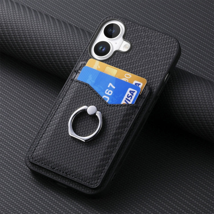 For iPhone 16 Plus Carbon Fiber Card Wallet Ring Phone Case(Black) - iPhone 16 Plus Cases by buy2fix | Online Shopping UK | buy2fix