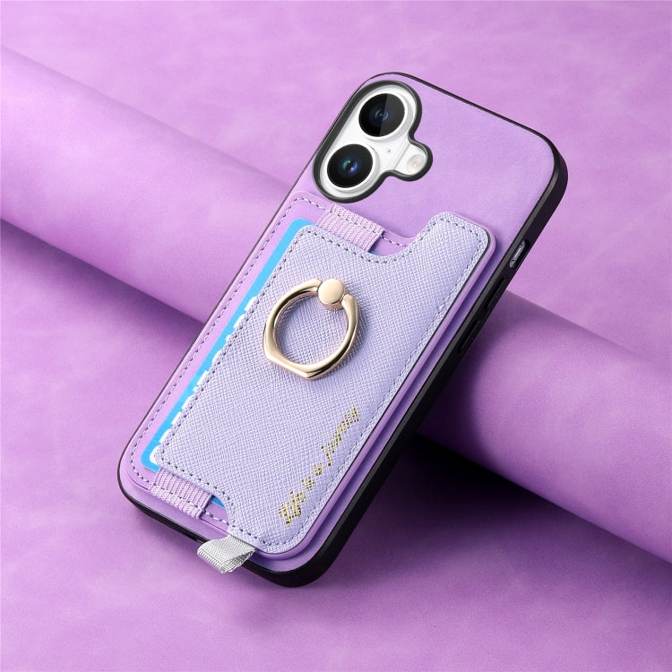 For iPhone 16 Plus Retro Magsafe Cross Leather Ring Holder Card Bag Phone Case(Purple) - iPhone 16 Plus Cases by buy2fix | Online Shopping UK | buy2fix