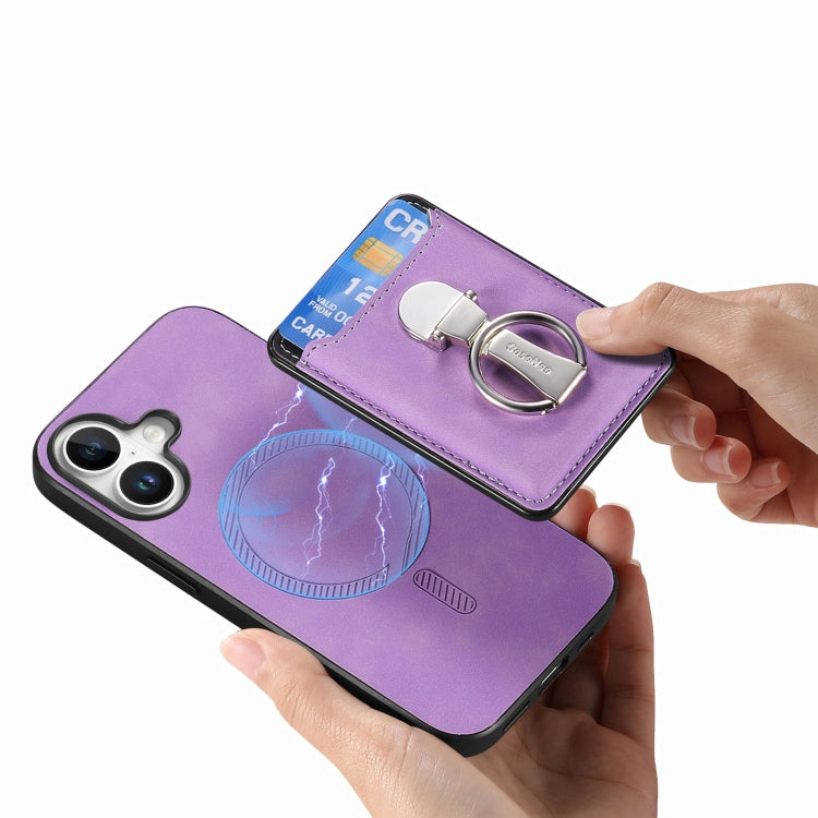 For iPhone 16 Retro Folding Ring Holder Card Bag MagSafe Phone Case(Purple) - iPhone 16 Cases by buy2fix | Online Shopping UK | buy2fix