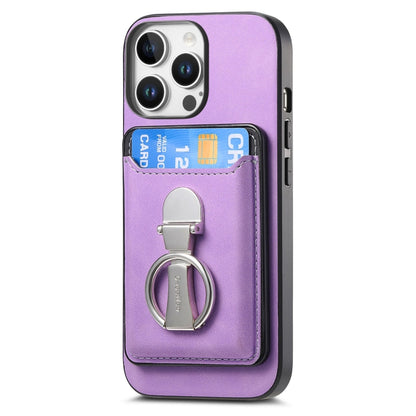 For iPhone 16 Pro Max Retro Folding Ring Holder Card Bag MagSafe Phone Case(Purple) - iPhone 16 Pro Max Cases by buy2fix | Online Shopping UK | buy2fix